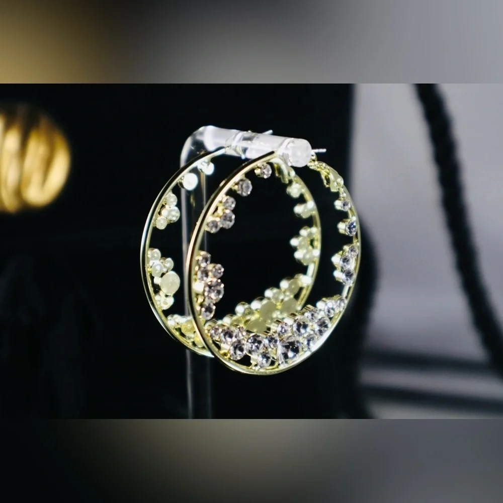 Stunning Crystal Gold Large Disk Hoop Earrings